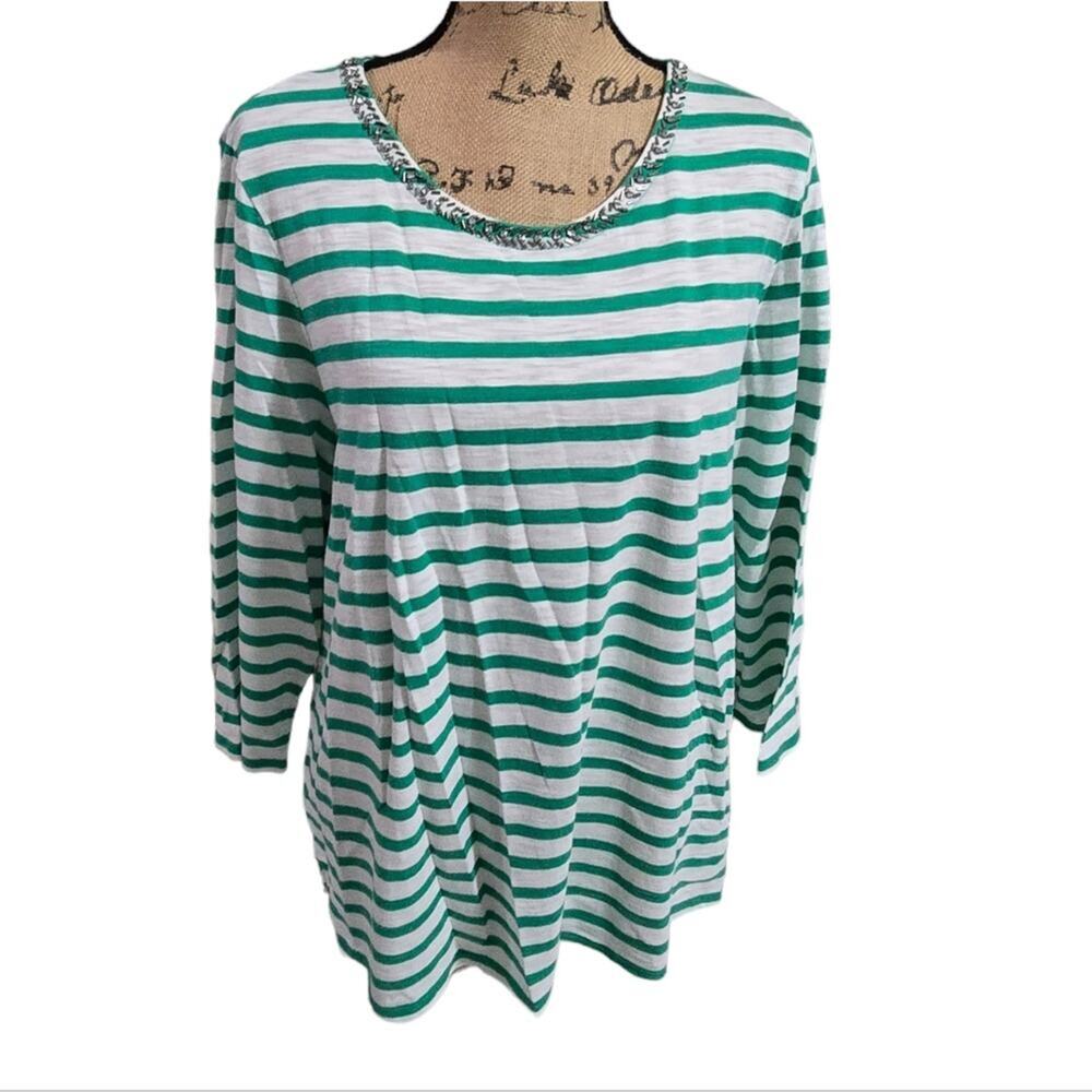 Chico's‎ Green Striped Tied Neck Super Soft Stretch Tunic Size 3 XL